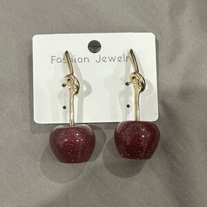 Gold and Red Cherry Drop Earrings